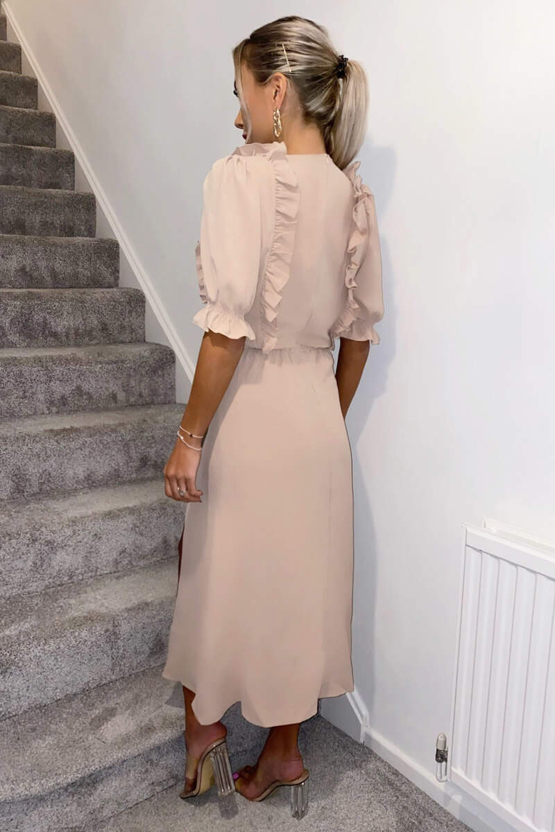 Nude Ruffle Split Leg Midi Dress - Swimclubus