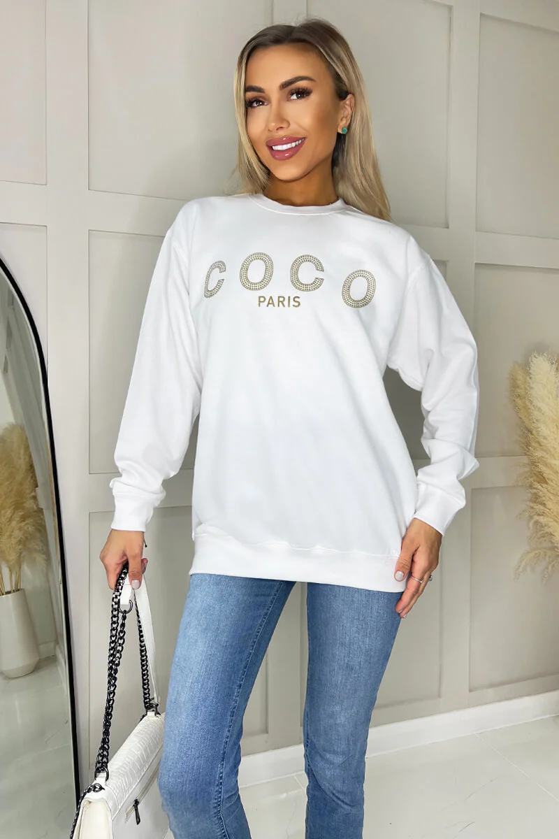 White Coco Gold Slogan Sweatshirt - Swimclubus