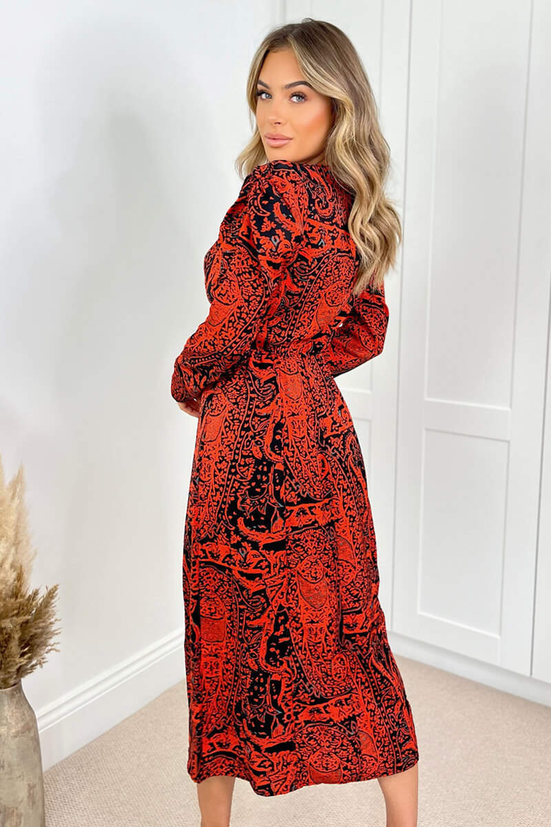 Red And Black Printed Long Sleeve Midi Dress - Swimclubus
