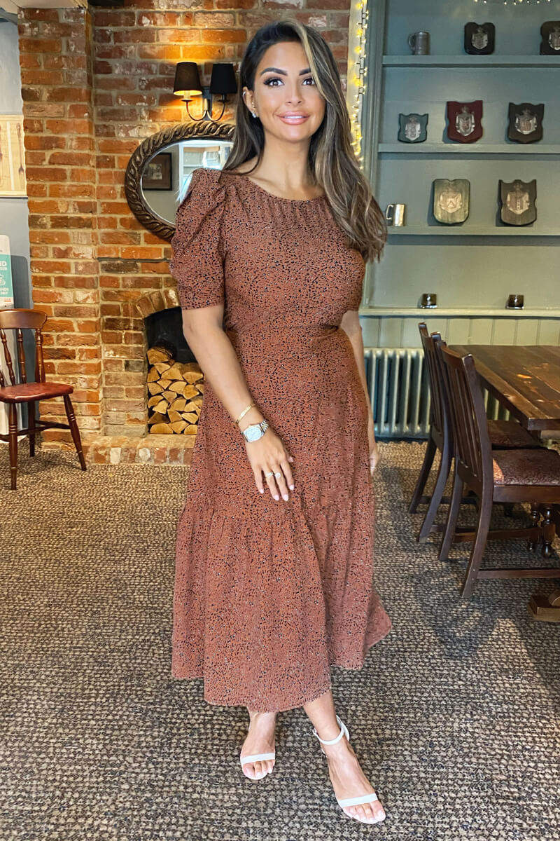 Tan Animal Printed Frill Hem Midi Dress - Swimclubus