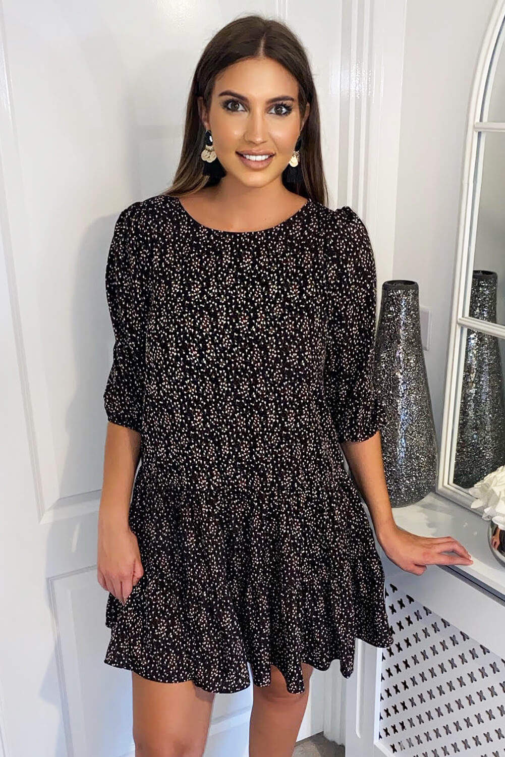 Black Ditsy Floral Frill Swing Dress - Swimclubus