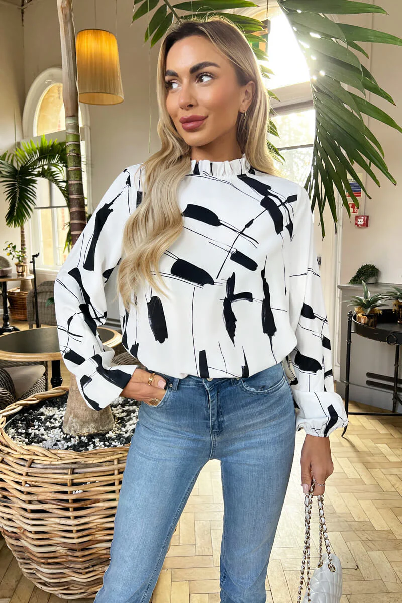 Black And White Printed High Neck Long Sleeve Top - Swimclubus