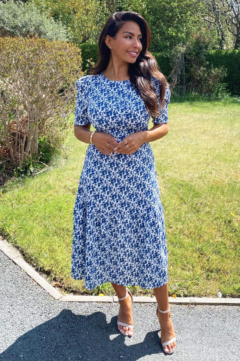 Blue Floral Frill Sleeve Midi Dress - Swimclubus