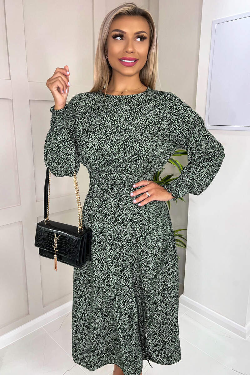 Sage And Black Printed Elasticated Waist Midi Dress - Swimclubus
