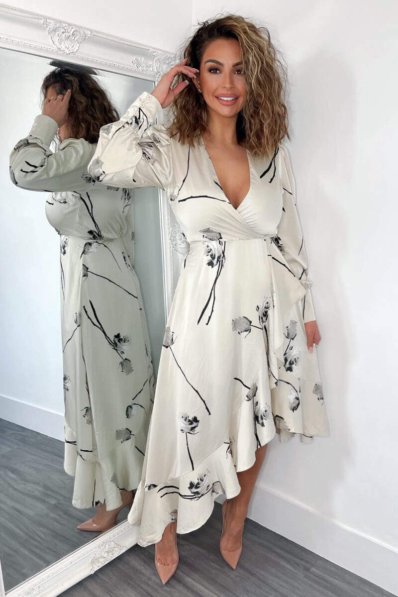 Stone Floral Printed Wrap Over Long Sleeve Dress - Swimclubus