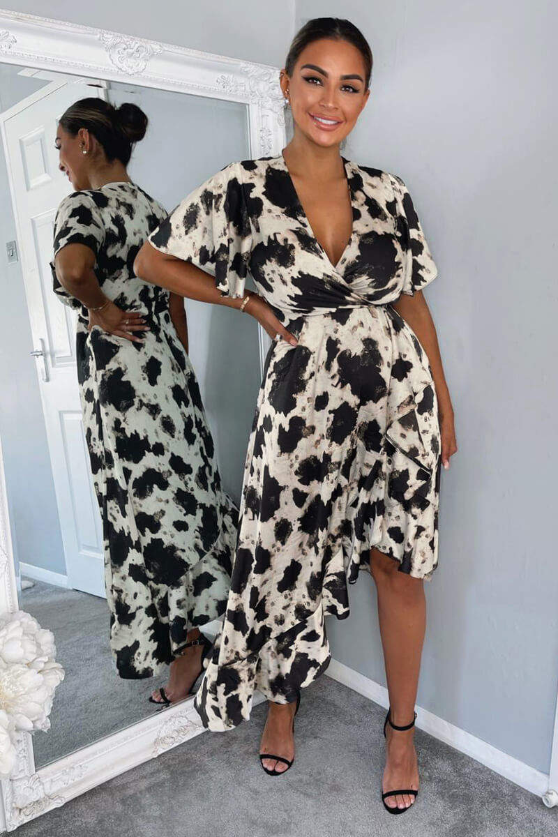 Black And Stone Abstract Print Wrap Midi Dress - Swimclubus
