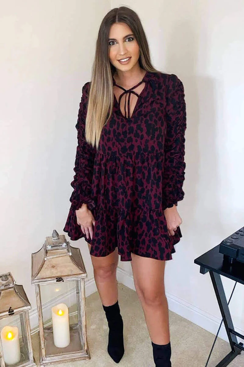 Wine Printed Ruched Sleeve Swing Dress - Swimclubus