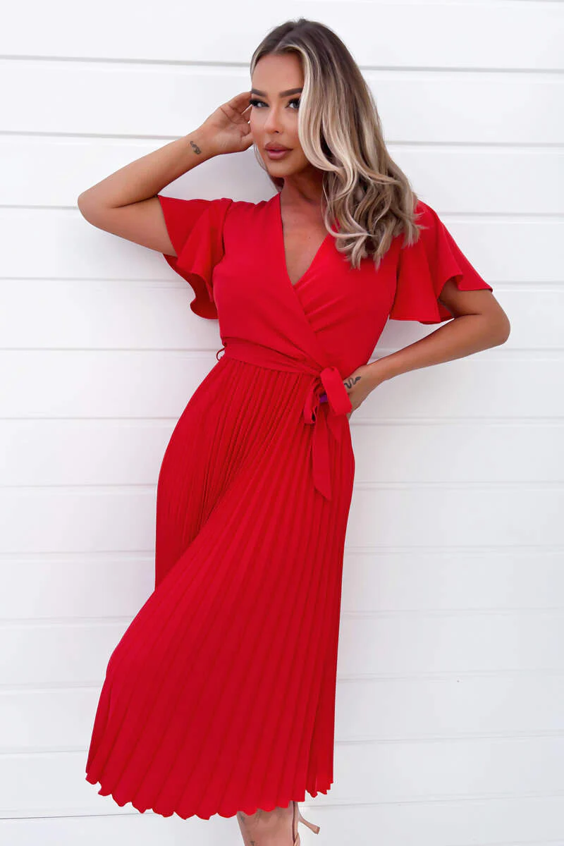 Red Belted Pleated Skirt Midi Dress - Swimclubus