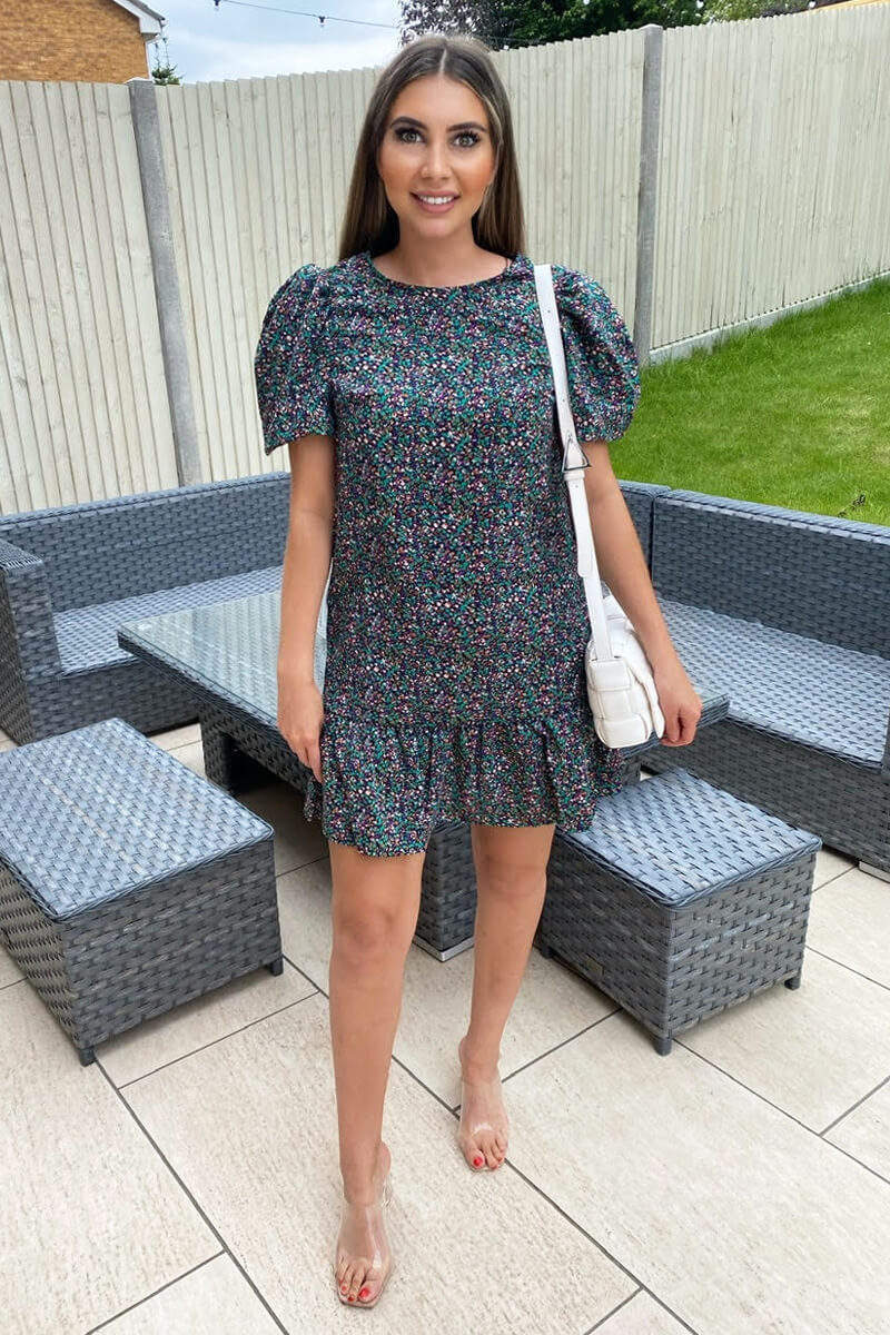 Multi Ditsy Floral Puff Sleeve Smock Dress - Swimclubus