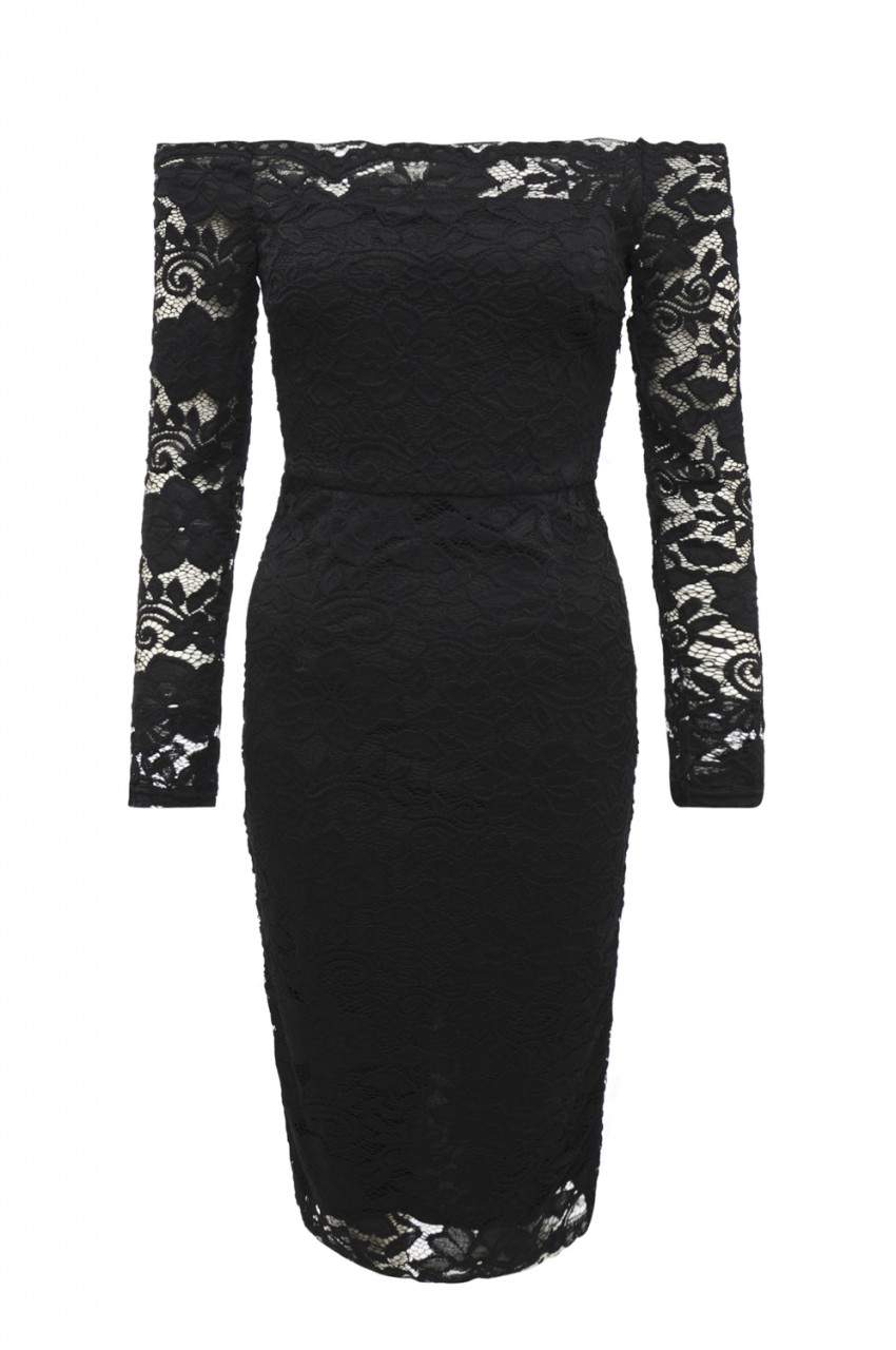 Black Midi Dress with Lace and Off -the-Shoulder Style - Swimclubus
