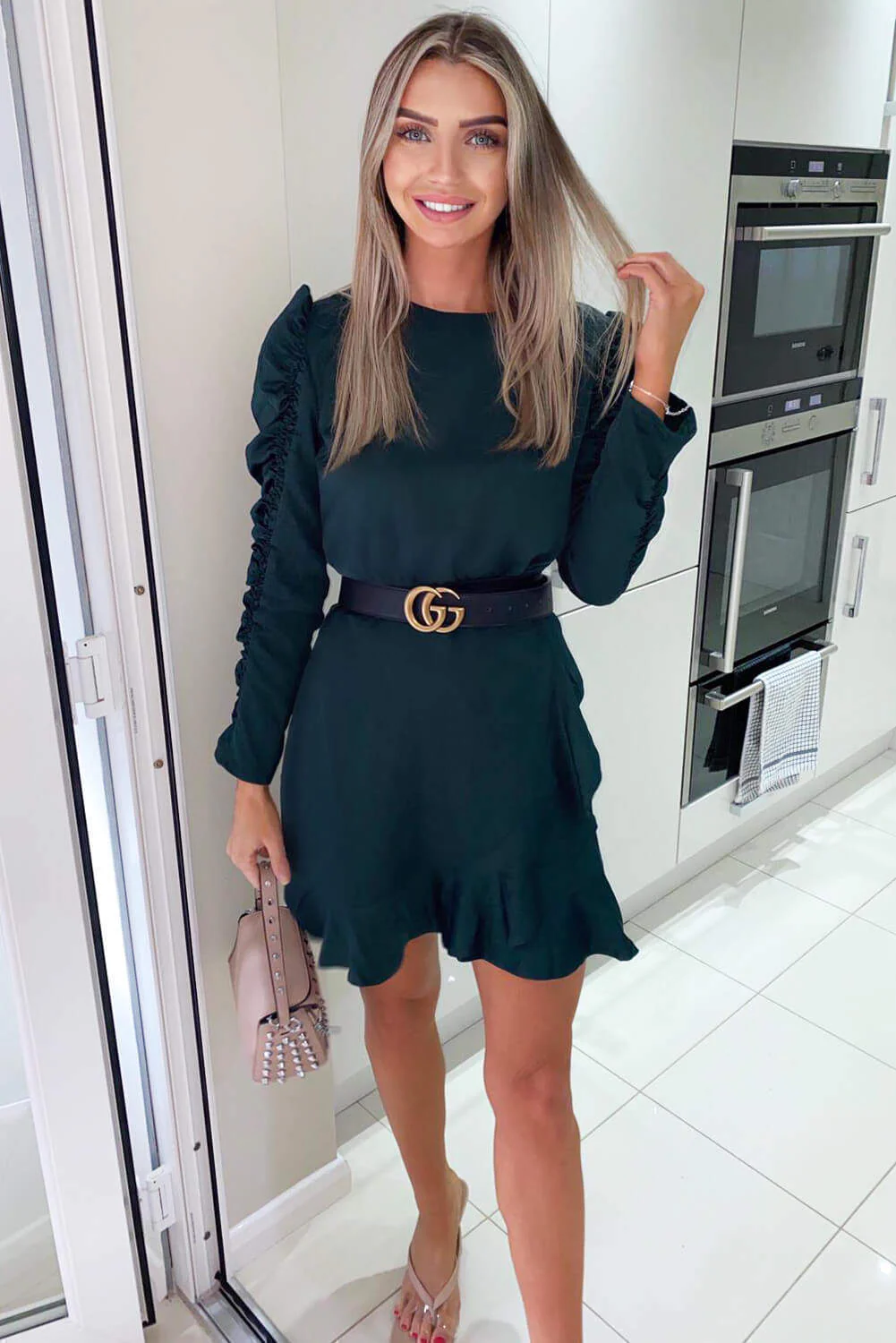 Teal Ruched Sleeve Skater Dress - Swimclubus