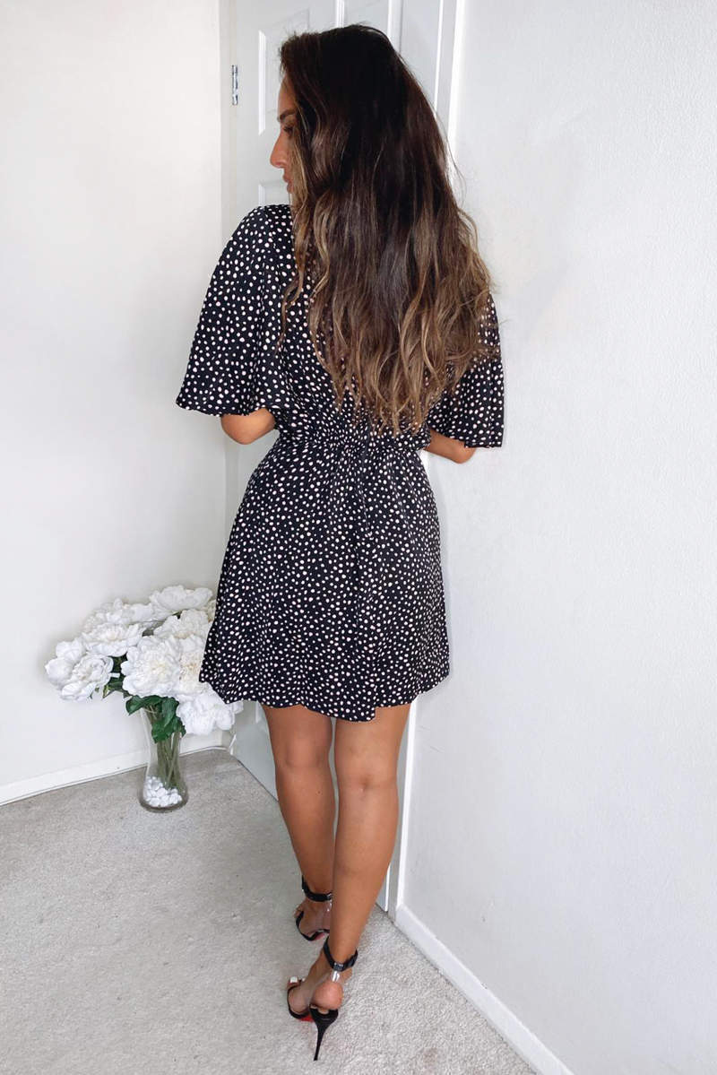 Black and Pink Polka Dot Pleated Wrap Dress - Swimclubus