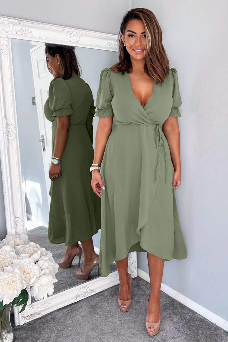 Khaki Wrap Side Tie Midi Dress - Swimclubus