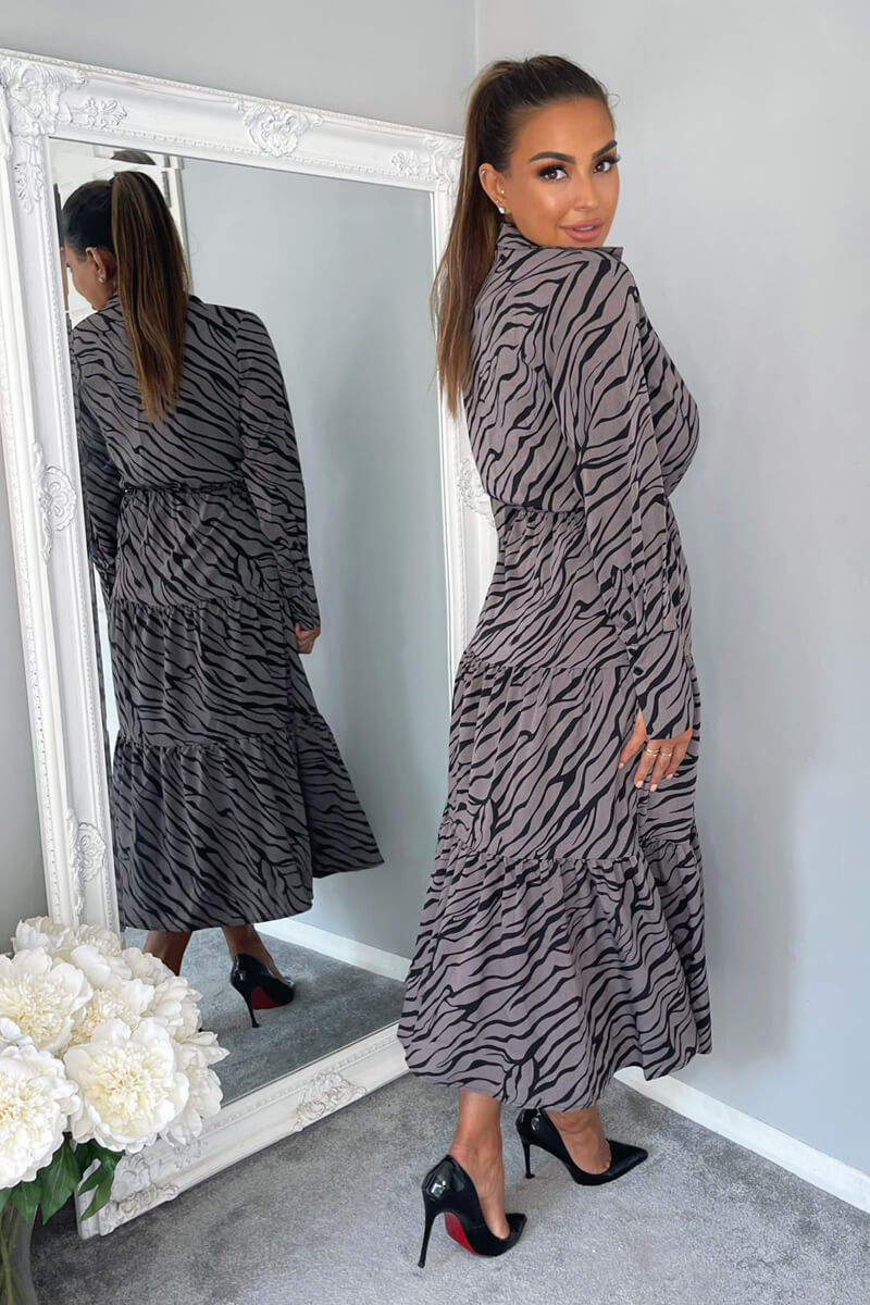 Grey Animal Print Button Up Midi Dress - Swimclubus