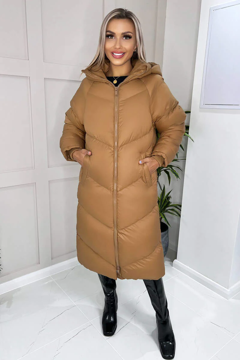 Camel Hooded Long Puffer Coat - Swimclubus