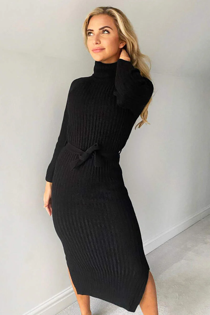Black Long-line Roll Neck Knitted Dress - Swimclubus