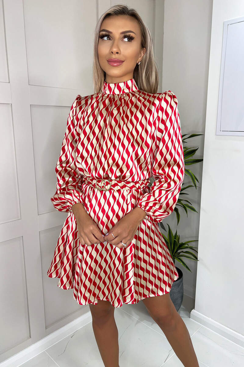 Red and Stone Printed Long Sleeve Skater Dress - Swimclubus