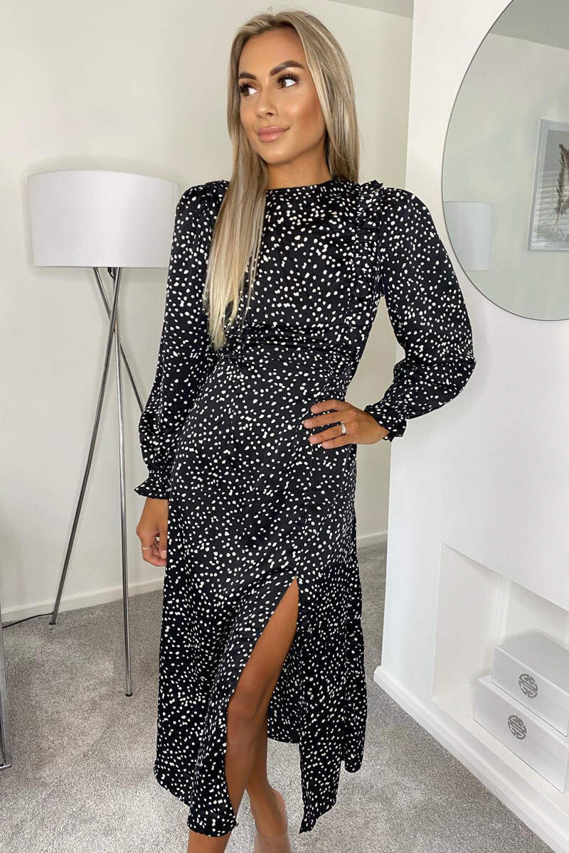Black Printed Frill Front Midi Dress - Swimclubus