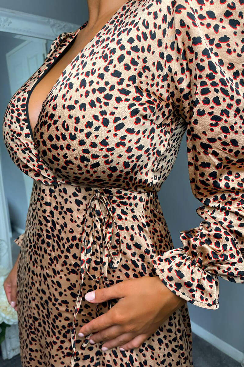 Red Animal Print Tie Side Wrap Over Midi Dress - Swimclubus