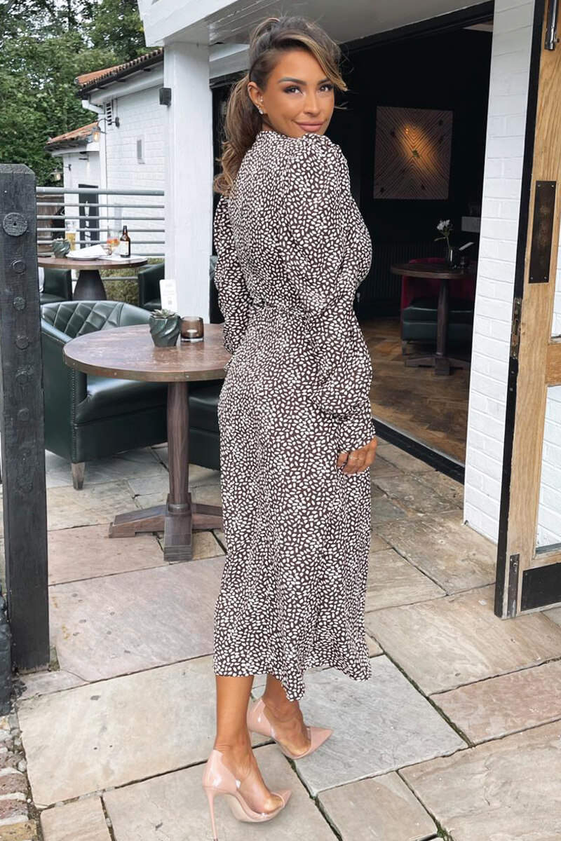 Brown Printed Long Sleeve Split Leg Midi Dress - Swimclubus