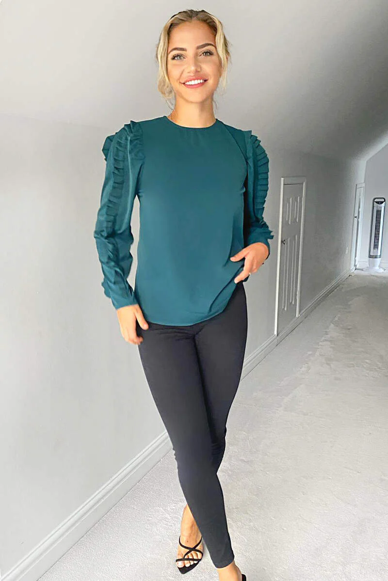 Teal Pleated Long Sleeve Top - Swimclubus