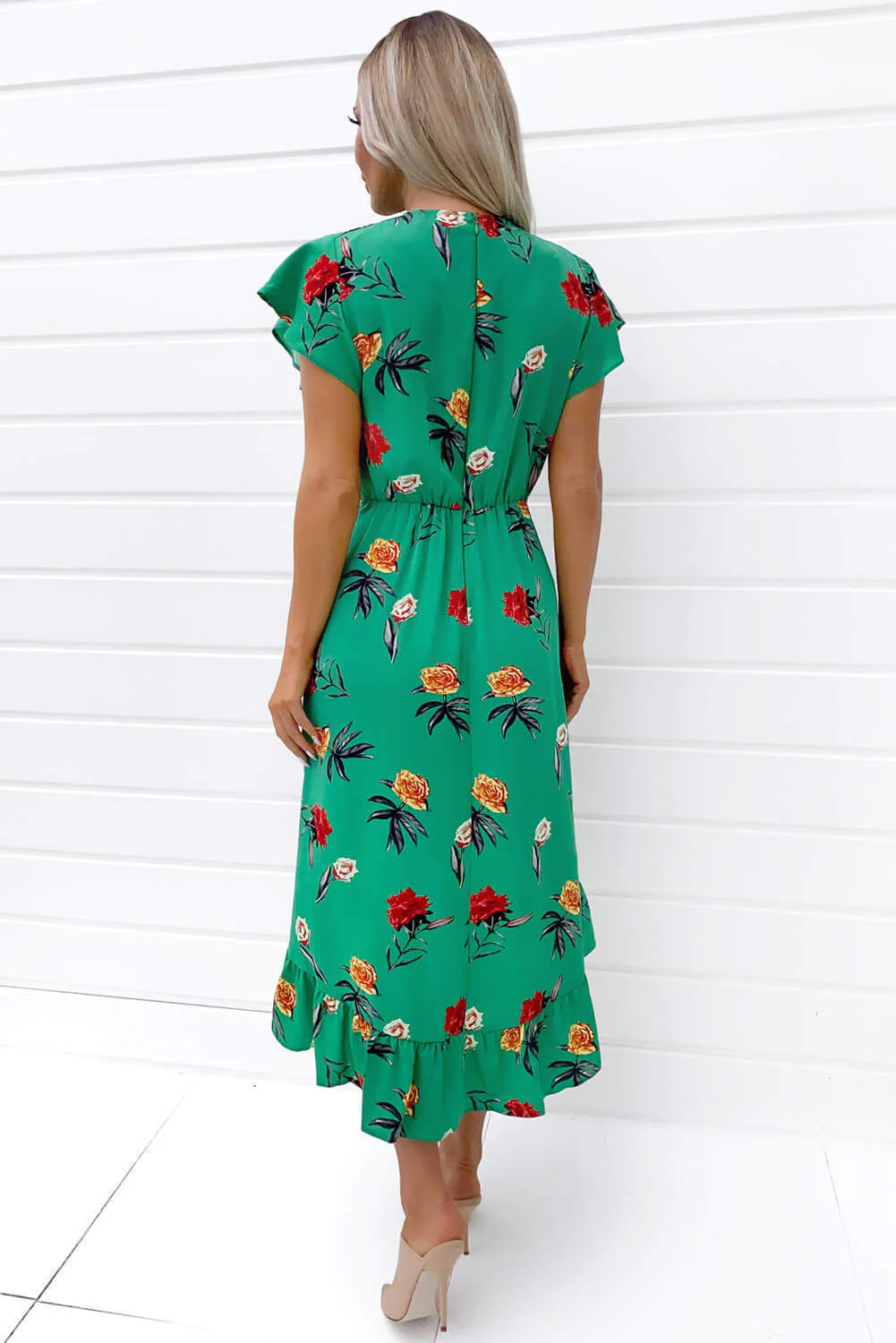 Green Floral Printed Frill Midi Dress - Swimclubus