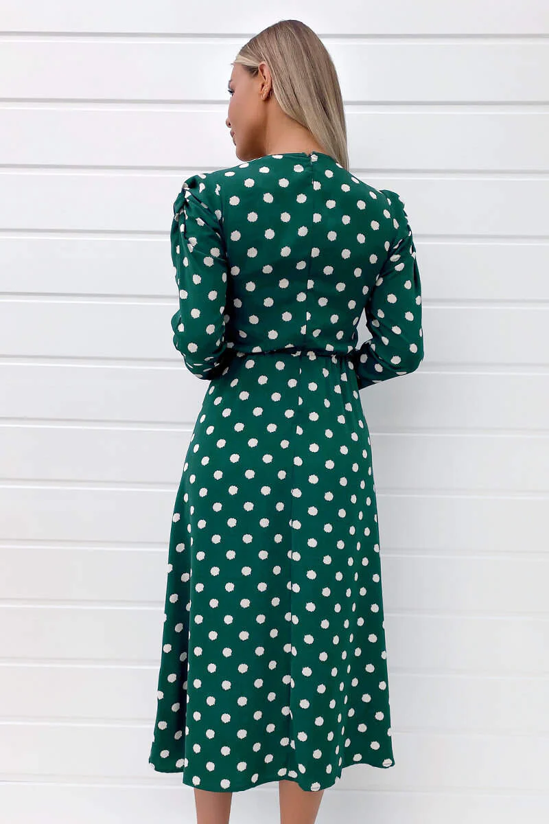 Green Spot Ruched Detail Midi Dress - Swimclubus