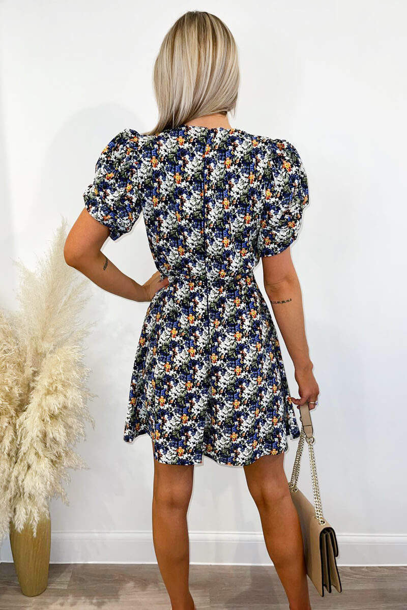 Multi Floral Ruched Sleeve Skater Dress - Swimclubus