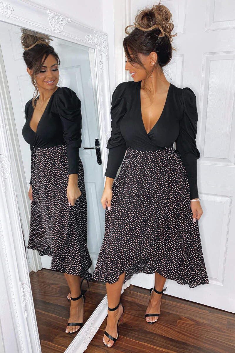 Black 2 in 1 Pink Polka Dot Wrap Dress - Swimclubus