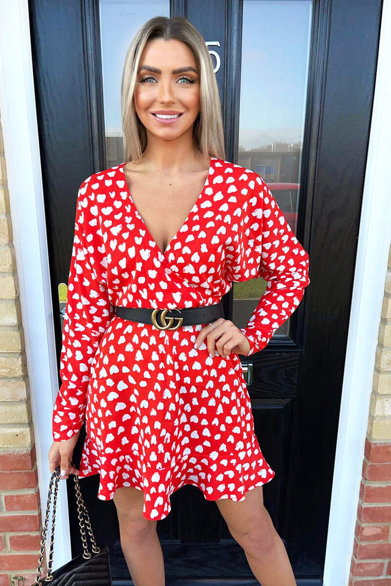 Red Heart Print Long Sleeve Wrap Skater Dress - Swimclubus