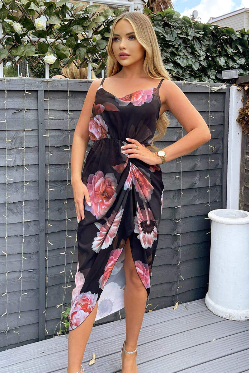 Floral Printed Cowl Neck Gathered Midi Dress - Swimclubus