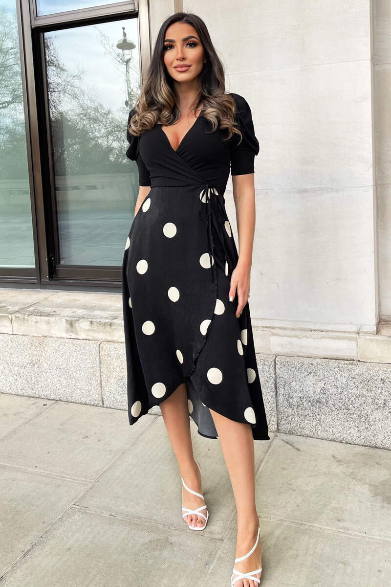 Black And Cream Polka Dot 2 in 1 Wrap Over Midi Dress - Swimclubus