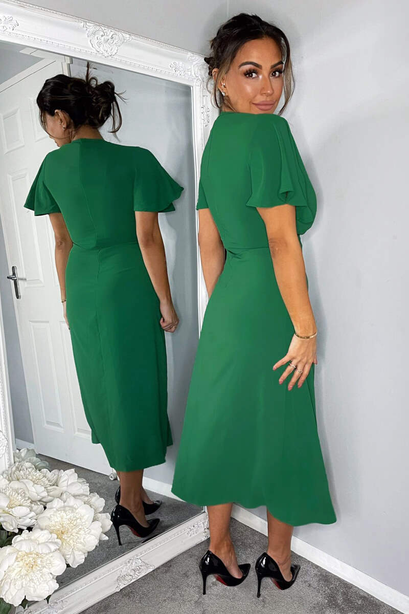 Green Ruched Split Leg Midi Dress - Swimclubus