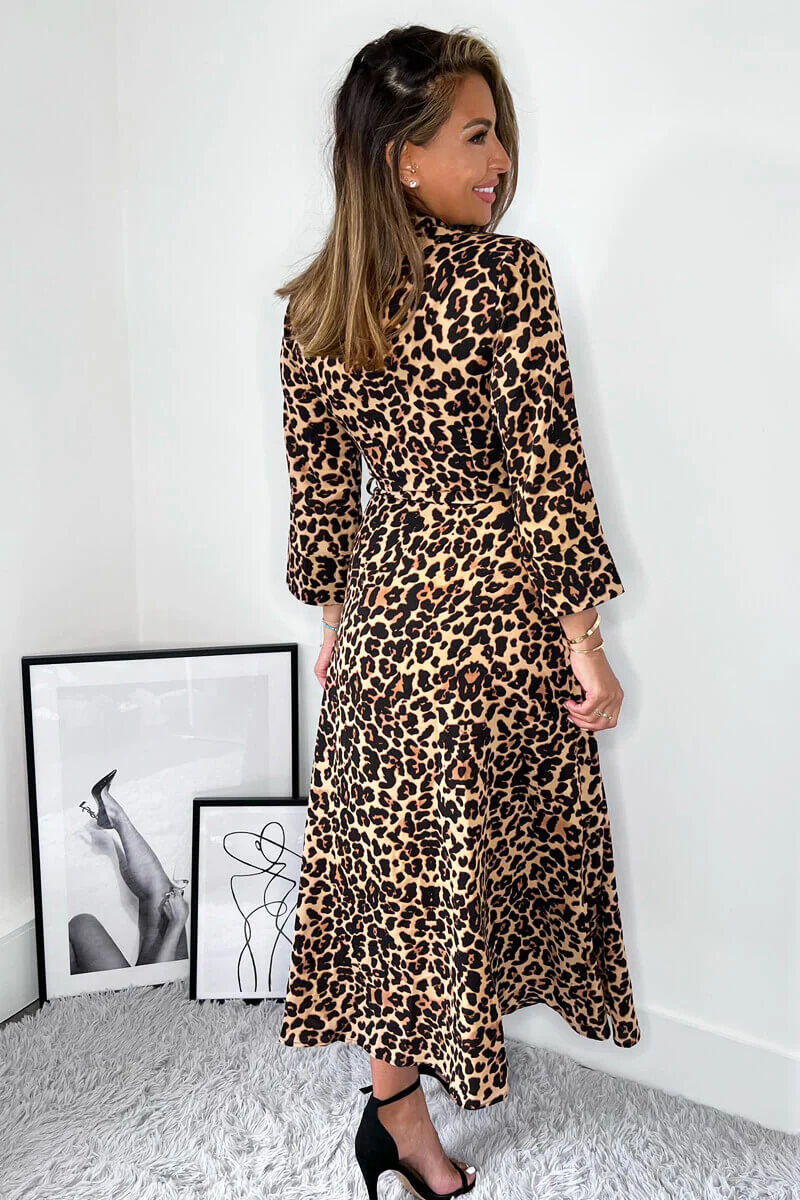 Brown Animal Print Tie Waist Midi Shirt Dress - Swimclubus