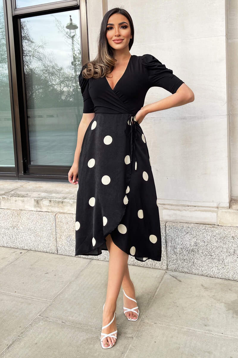 Black And Cream Polka Dot 2 in 1 Wrap Over Midi Dress - Swimclubus