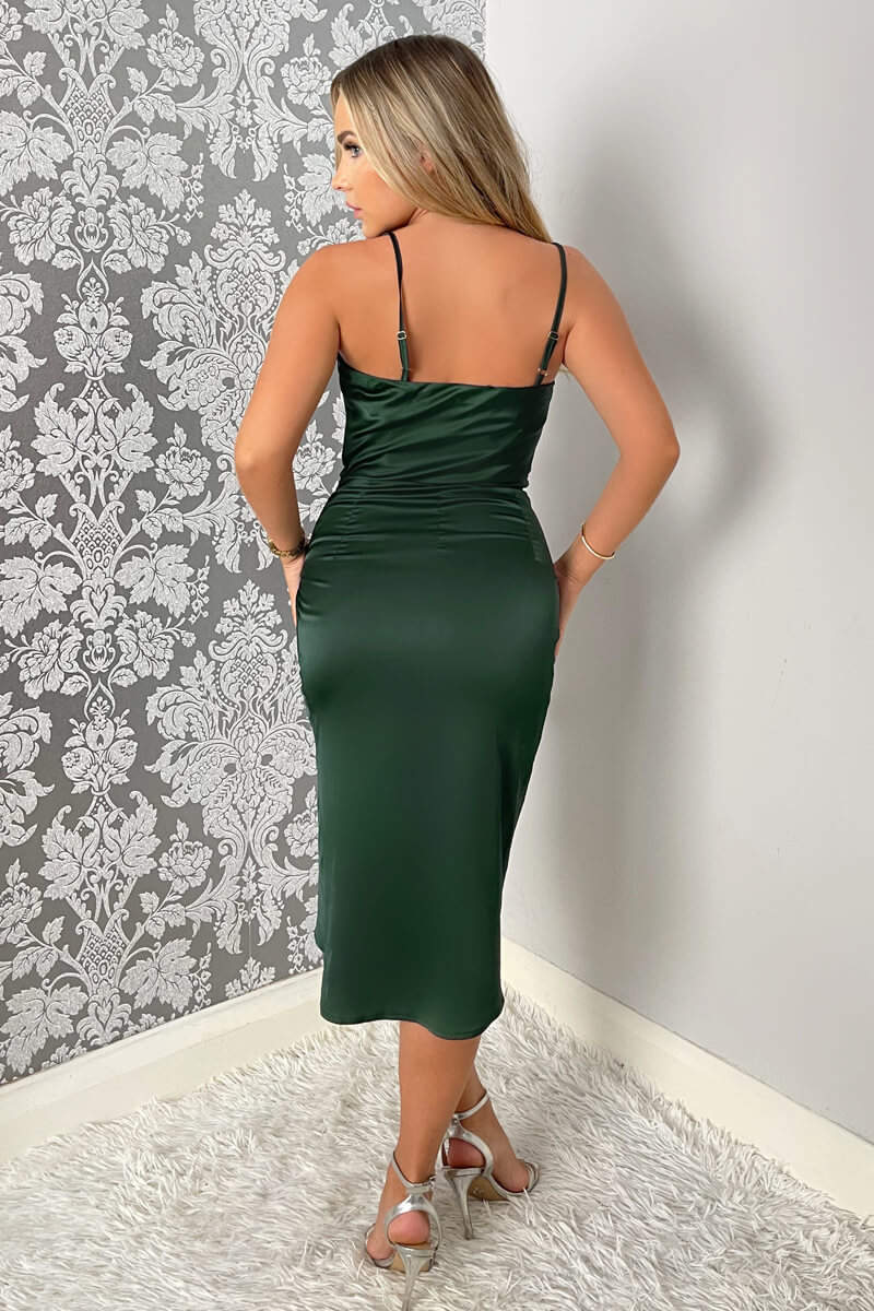 Teal Pleated Wrap Cowl Neck Satin Midi Dress - Swimclubus