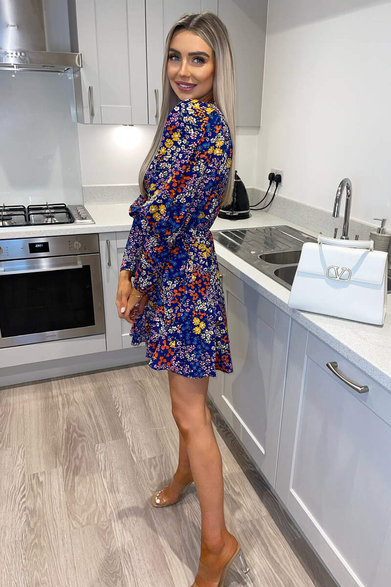 Navy Floral Print V-Neck Long Sleeve Skater Dress - Swimclubus