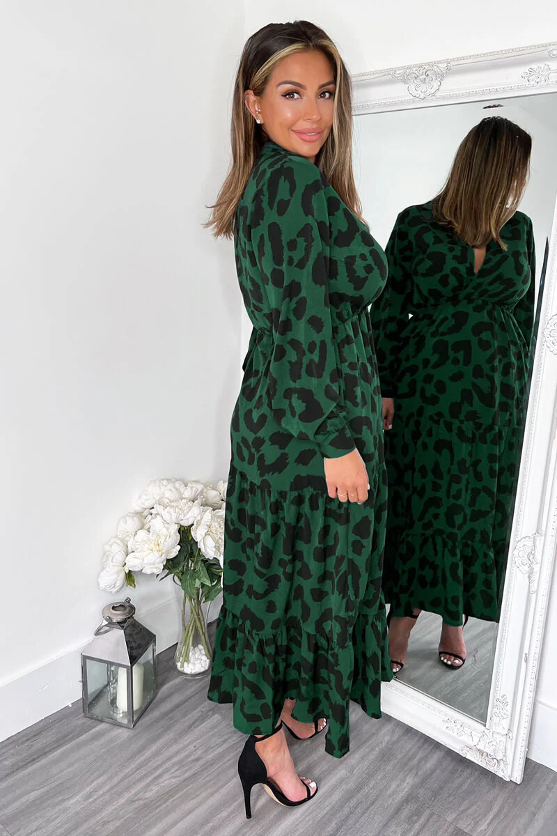 Green Leopard Print Long Sleeve Smock Midi Dress - Swimclubus