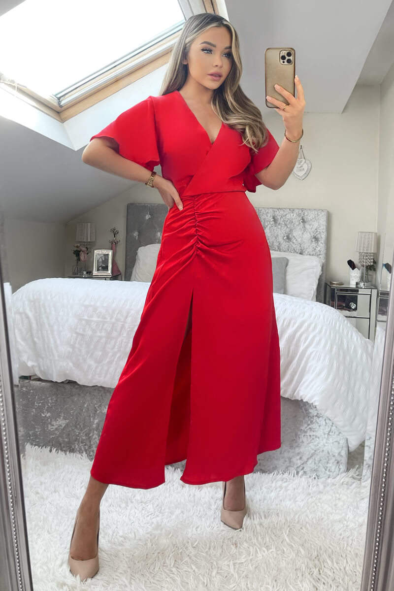 Red Ruched Split Leg Midi Dress - Swimclubus