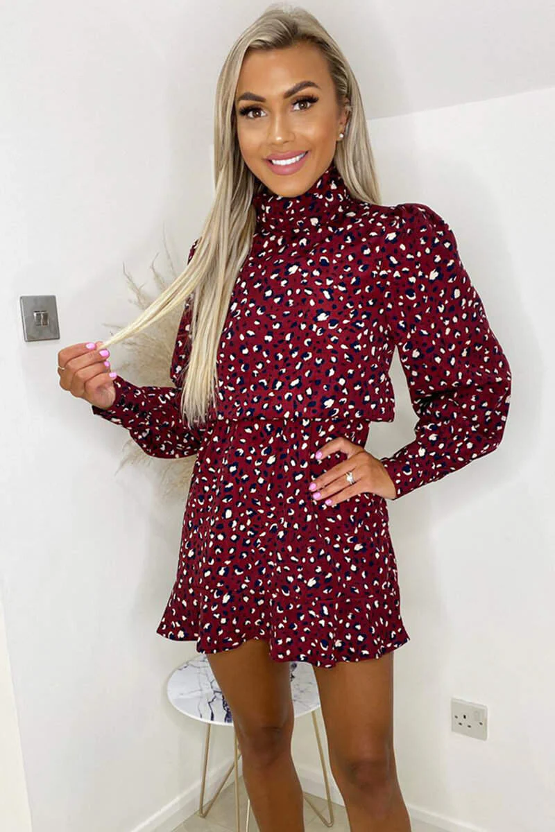 Plum Printed High Neck Mini Dress - Swimclubus