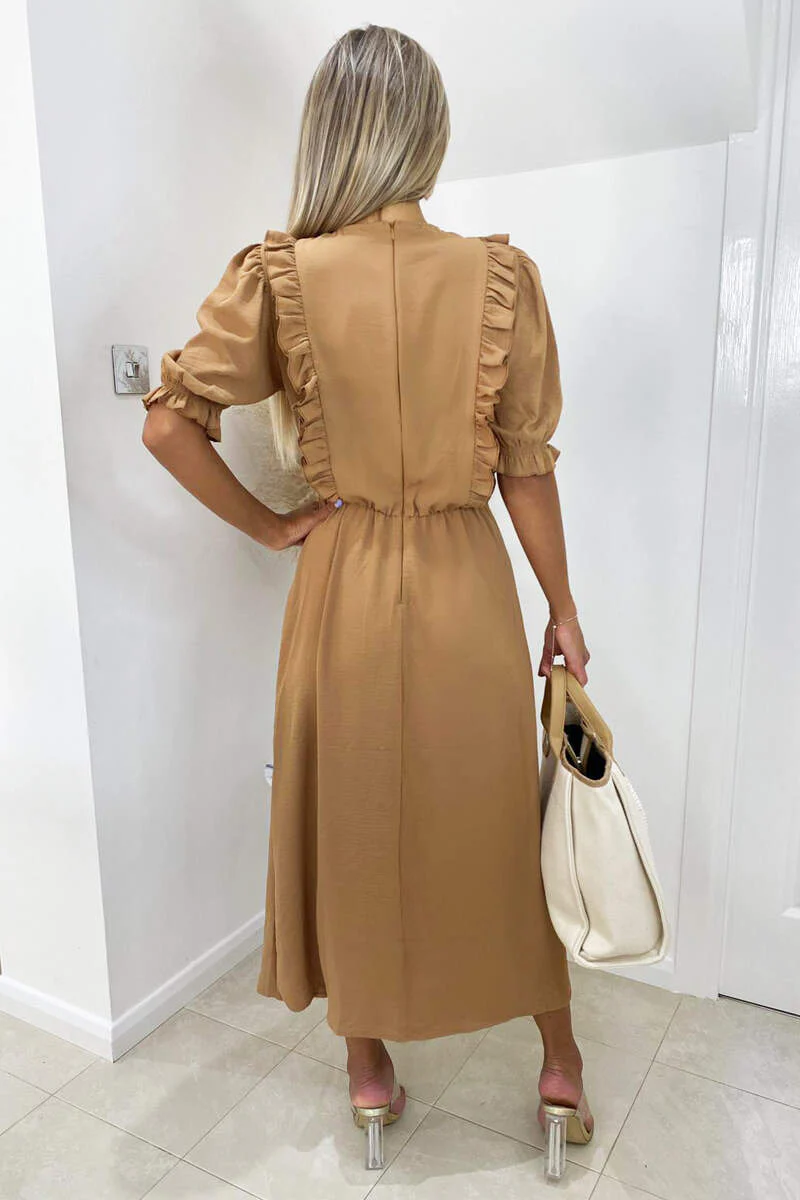 Mocha Ruffle Split Leg Midi Dress - Swimclubus