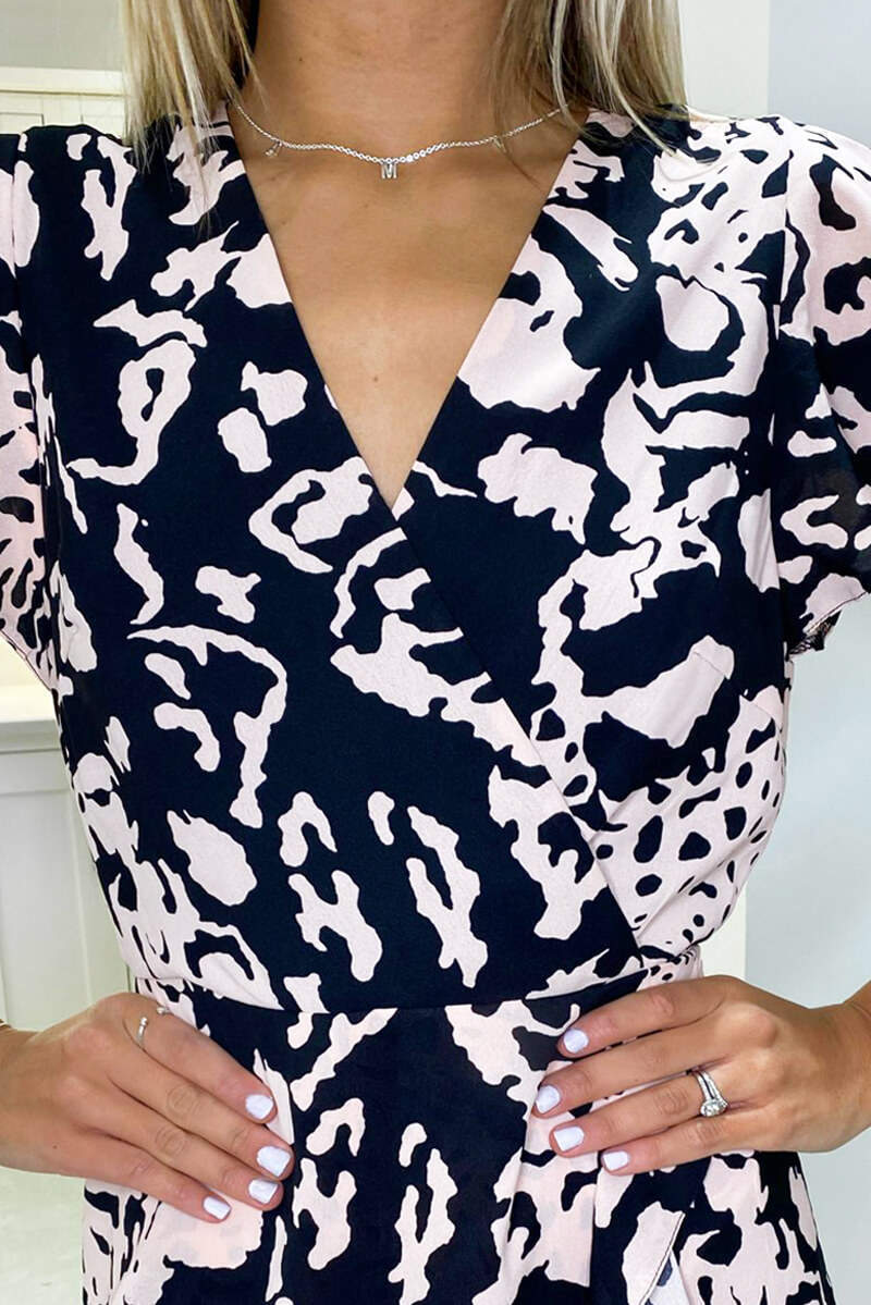 Black Nude Abstract Print Wrap Over Dress - Swimclubus