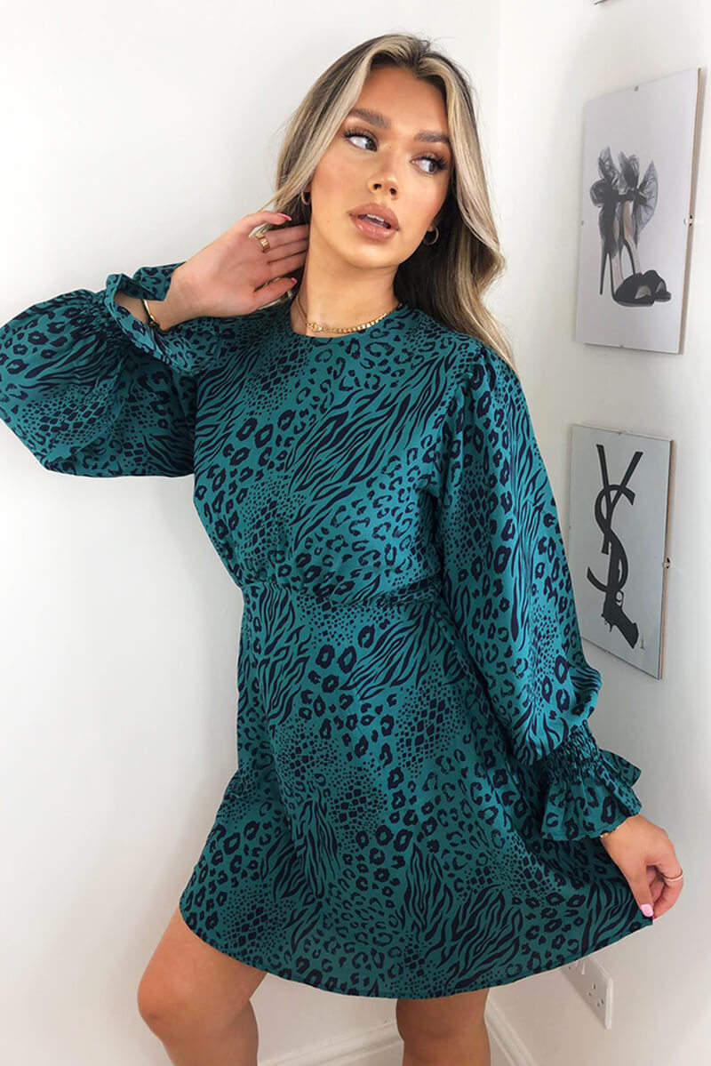 Teal Animal Printed Elastic Cuff Dress - Swimclubus