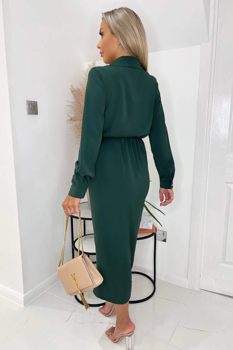Teal Long Sleeve Side Ruched Wrap Over Midi Dress - Swimclubus