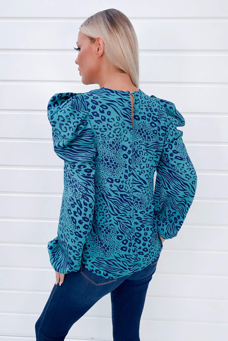 Teal Animal Print Puff Sleeve Blouse - Swimclubus