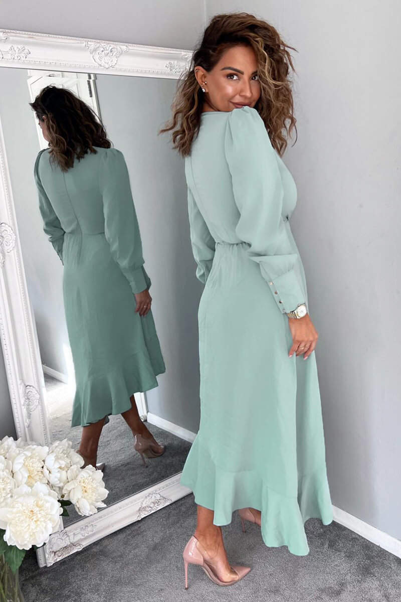 Duck Egg Long Sleeve Frill Wrap Midi Dress - Swimclubus