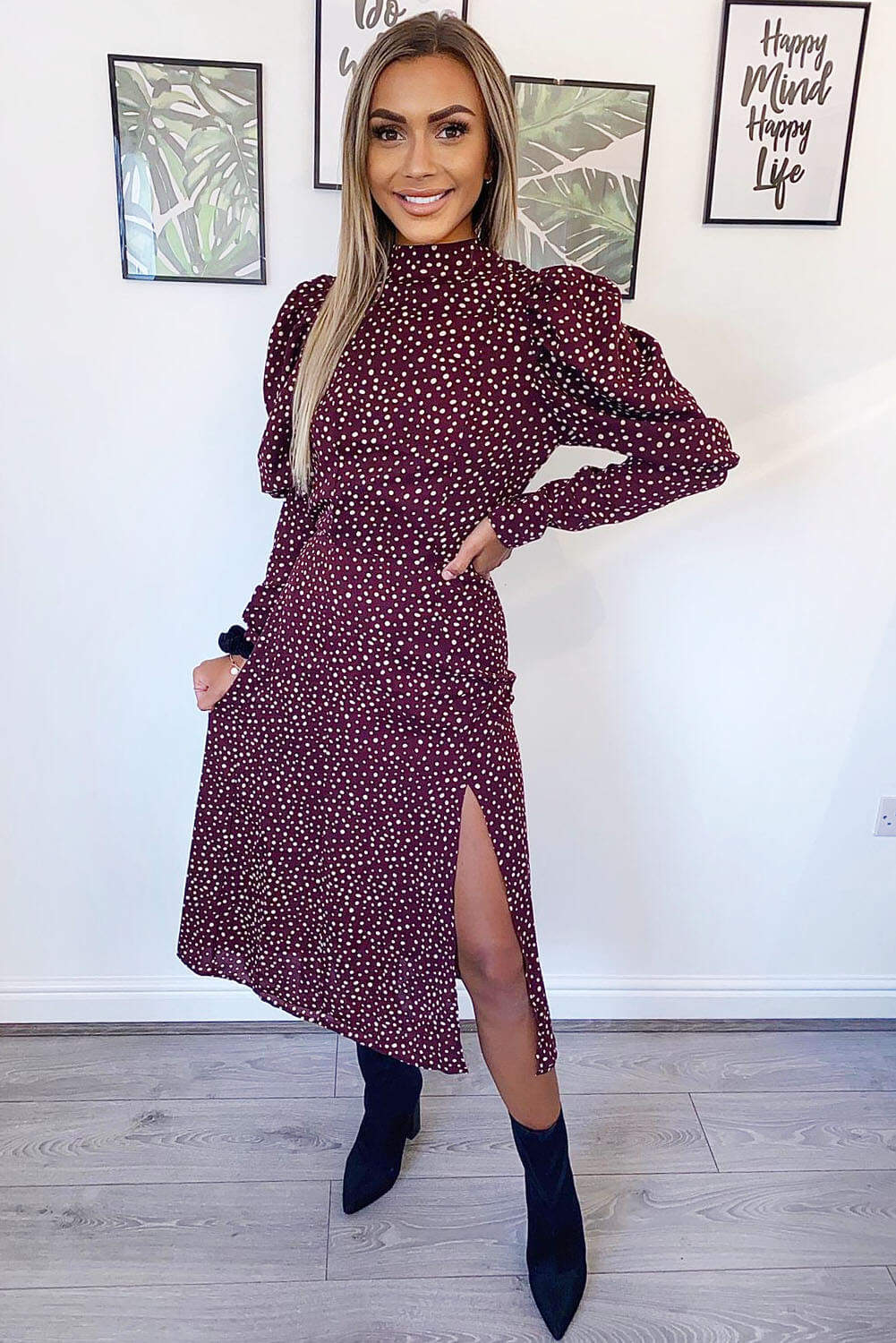 Plum Spotty High Neck Midi Dress - Swimclubus