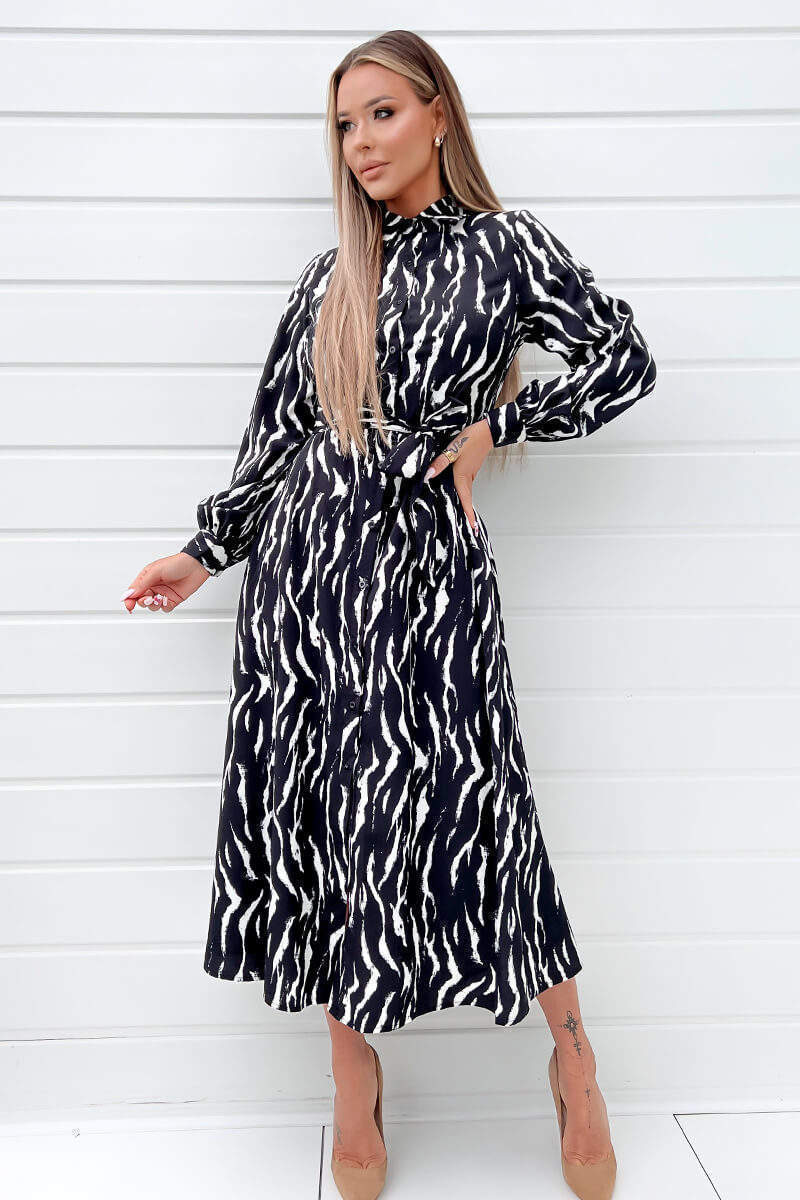 Black And White Printed Button Up Midi Shirt Dress - Swimclubus