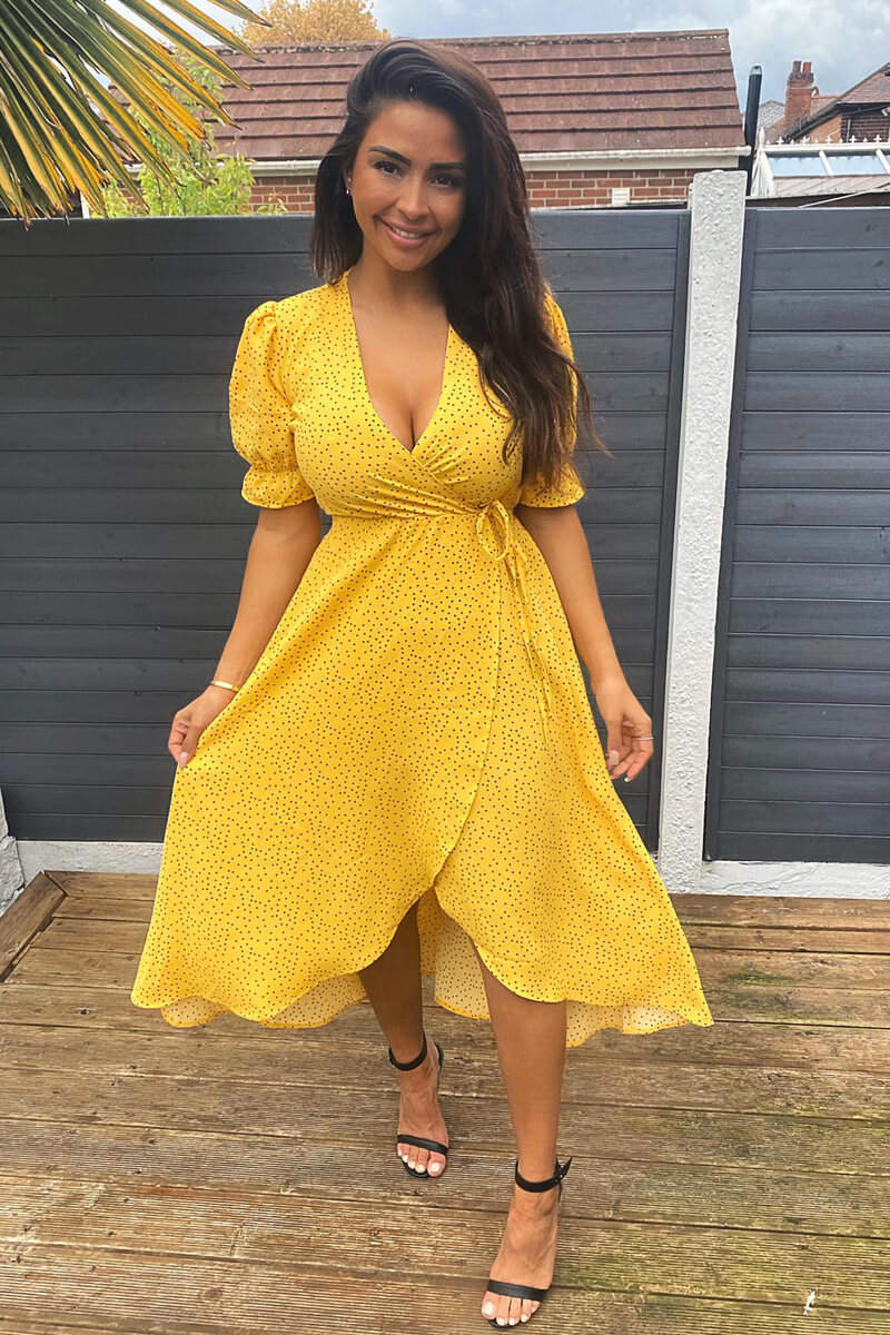 Yellow Polka Dot Wrap Midi Dress - Swimclubus
