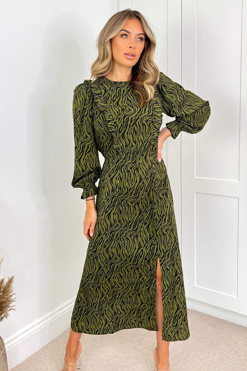 Khaki Animal Print Long Sleeve Ruffle Front Midi Dress - Swimclubus